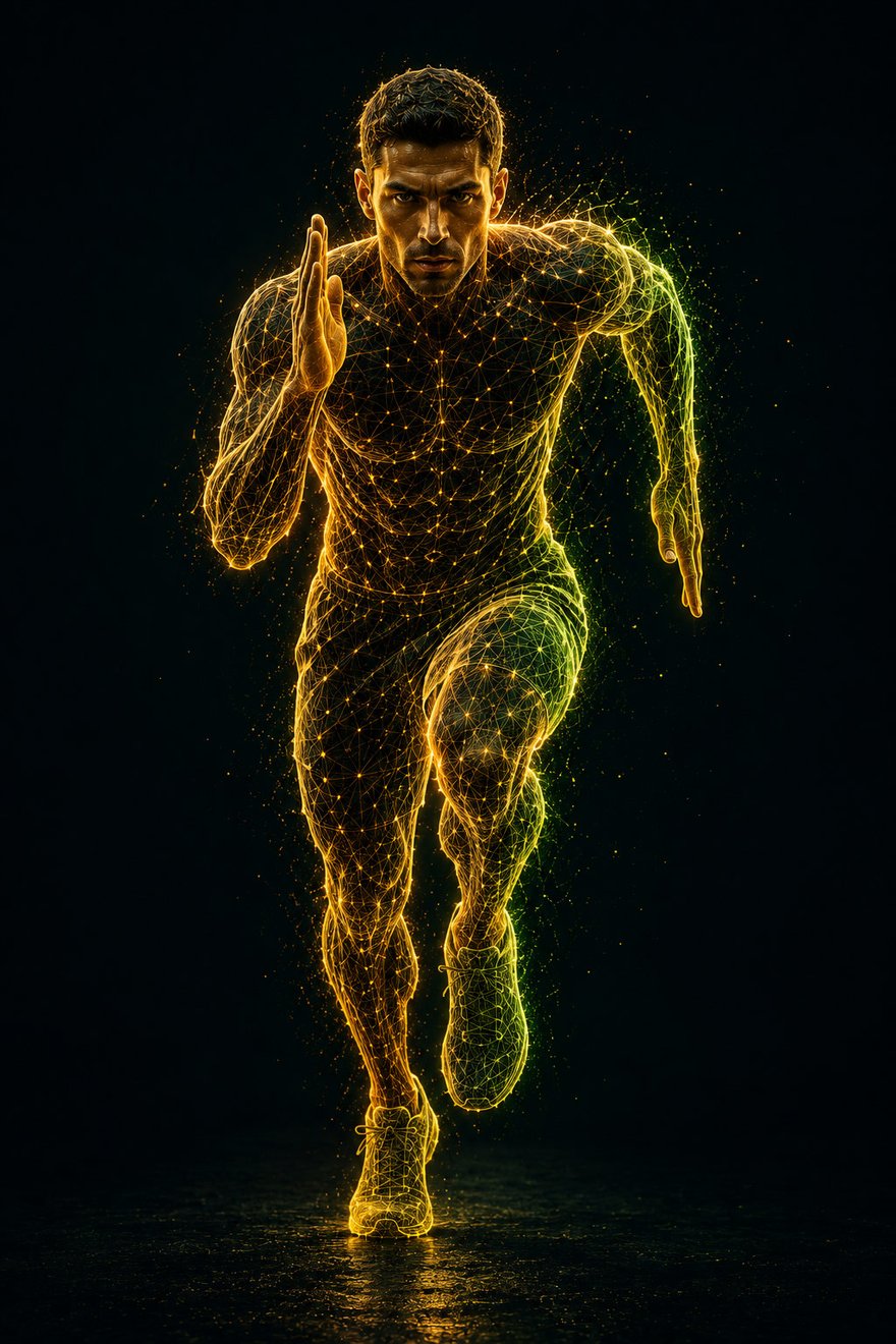 Atleta em disparada — wireframe esporte e tecnologia